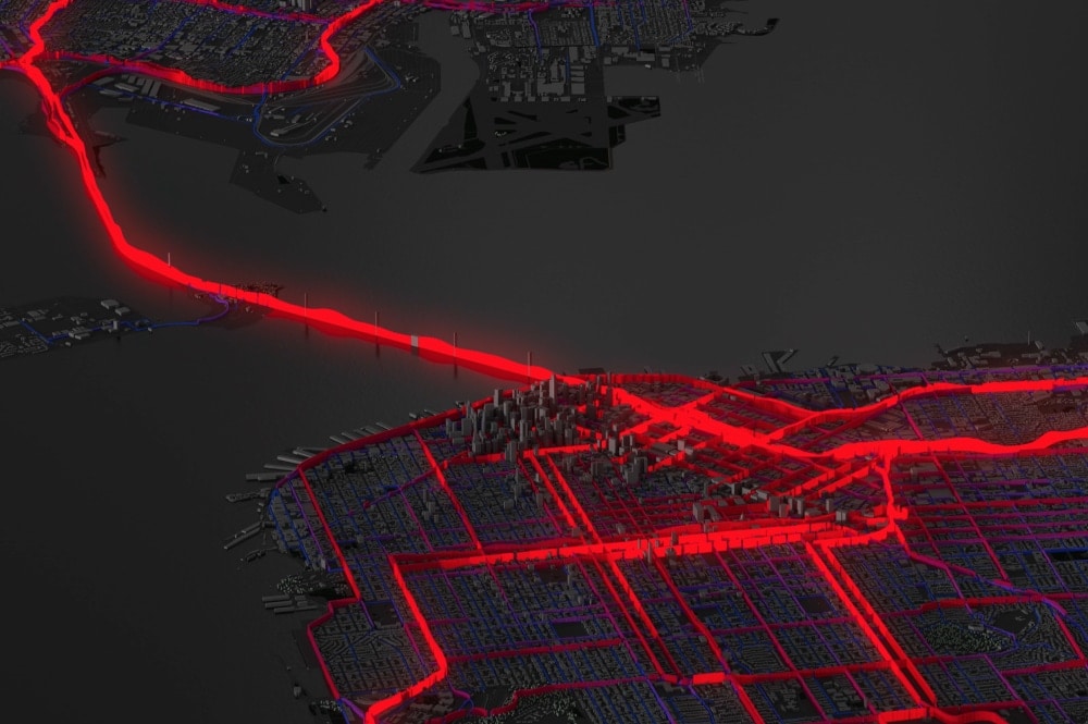 A dark city map with glowing red lines highlighting major roads and bridges, showcasing a network of illuminated pathways.