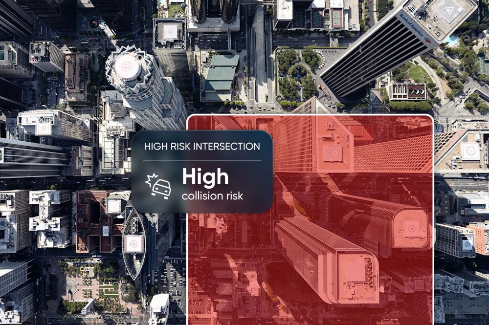 Aerial view of a city intersection marked by a warning overlay indicating "High collision risk" at a high-risk intersection, with the TomTom logo prominently displayed.