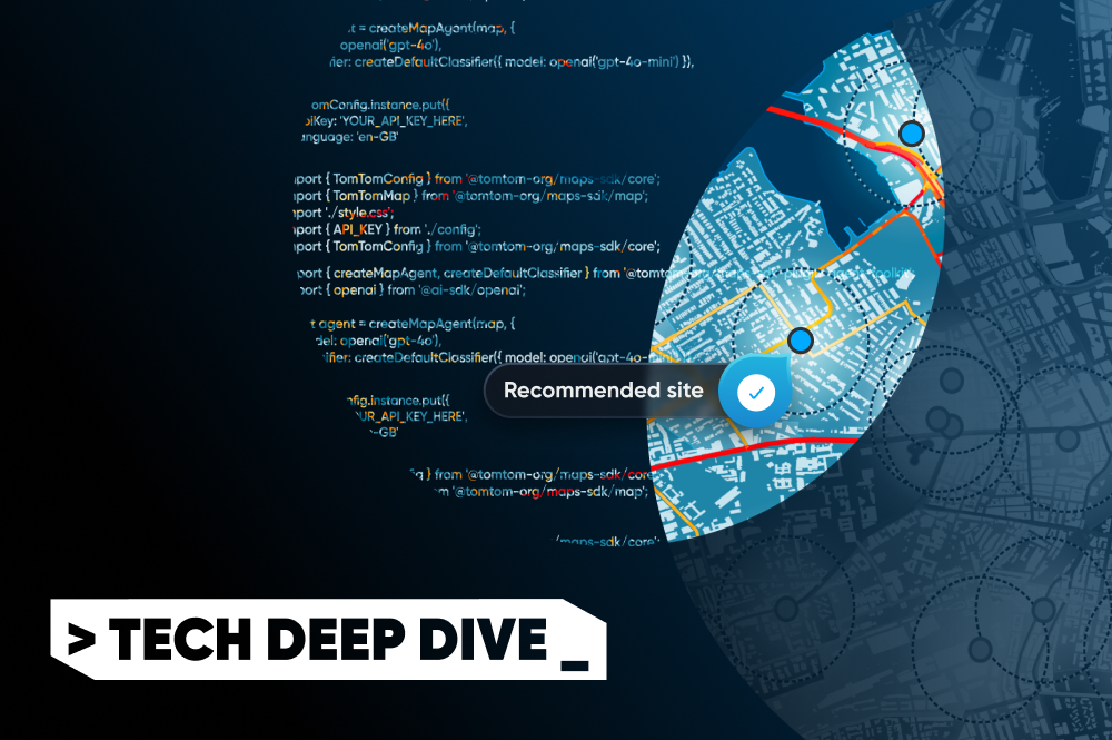 A digital map overlay with highlighted paths and a "Recommended site" marker, set against a blurred background of code. "Tech Deep Dive" text is at the bottom.