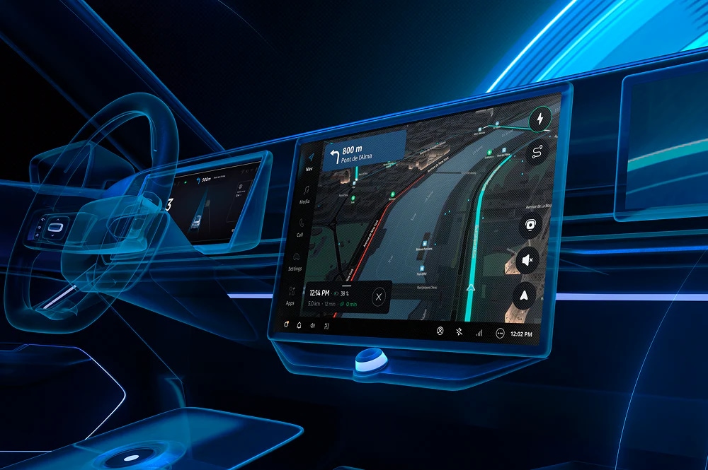 Futuristic transparent blue car interior with large central touchscreen showing a navigation map and glowing controls, plus visible steering wheel.
