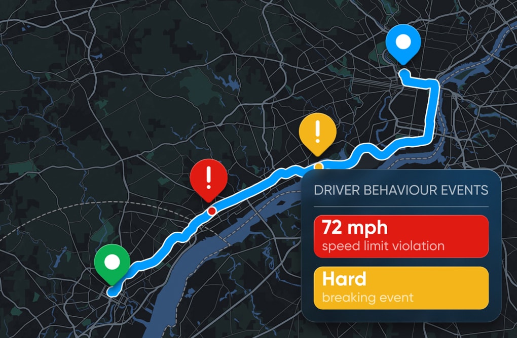 Map showing a driving route with markers for events: speed limit violation at 72 mph and a hard braking event, highlighted with icons.