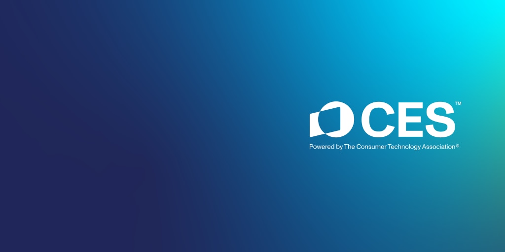CES logo on a gradient blue background with the text "Powered by The Consumer Technology Association" below.