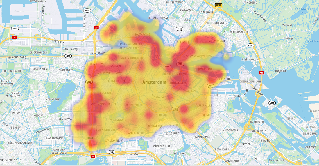 A heatmap of Amsterdam, illustrating areas of varying activity levels across the city, with warmer colors indicating higher density or intensity.