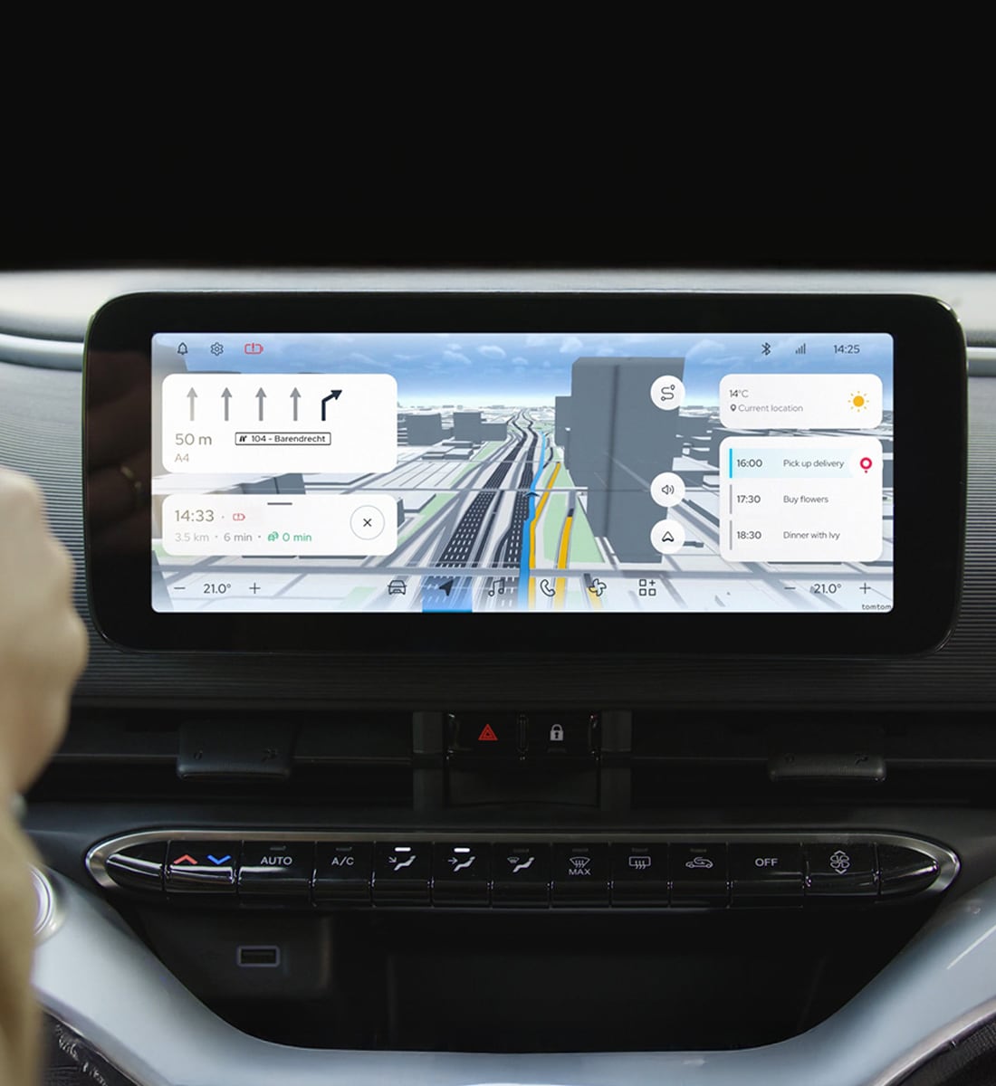 Car dashboard screen showing a 3D GPS navigation map, route details, and delivery notifications. Climate controls are visible below.