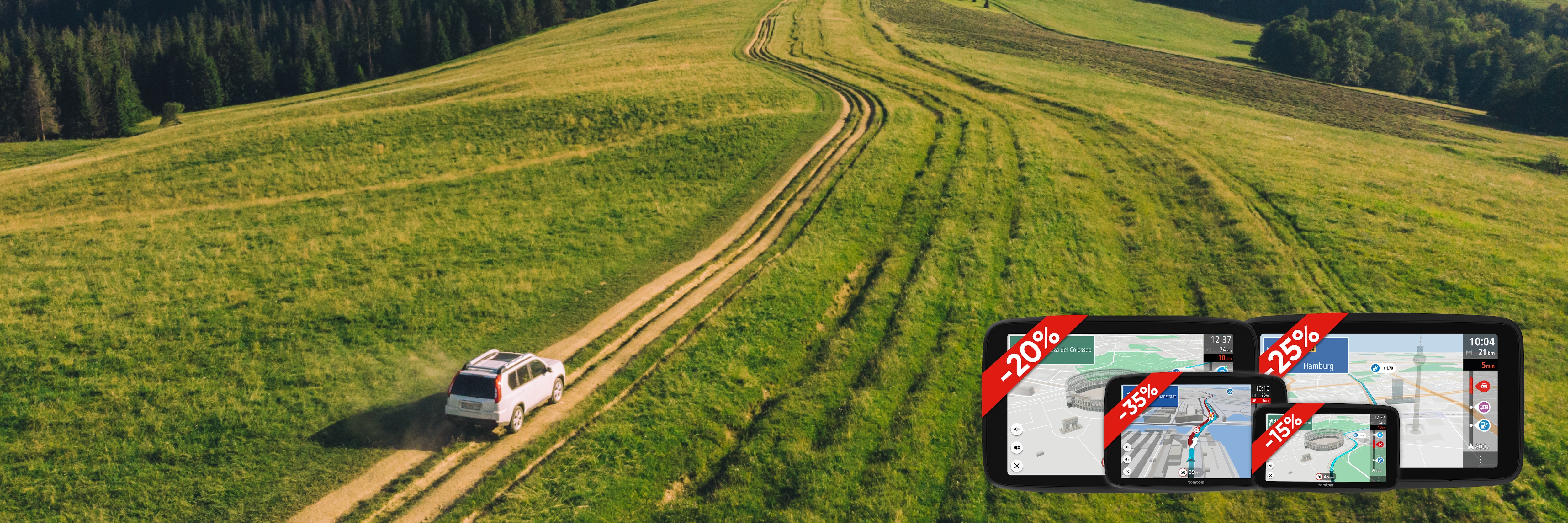 A car driving through a grassy landscape, with GPS devices displaying various discounts for navigation services overlaid on the image.