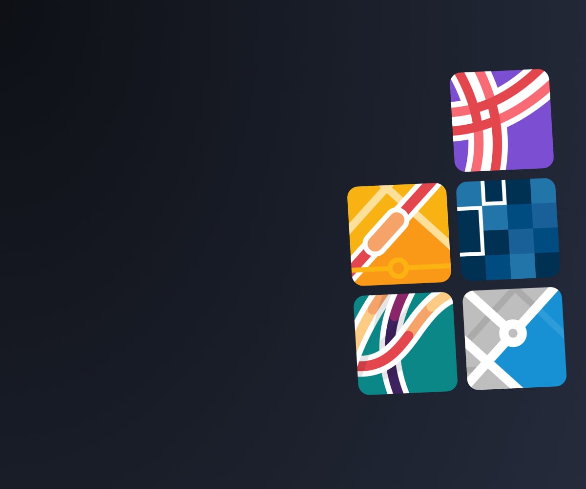 Six colorful rounded-square map and route icons of tomtom move portal clustered at the lower right on a dark gradient background.