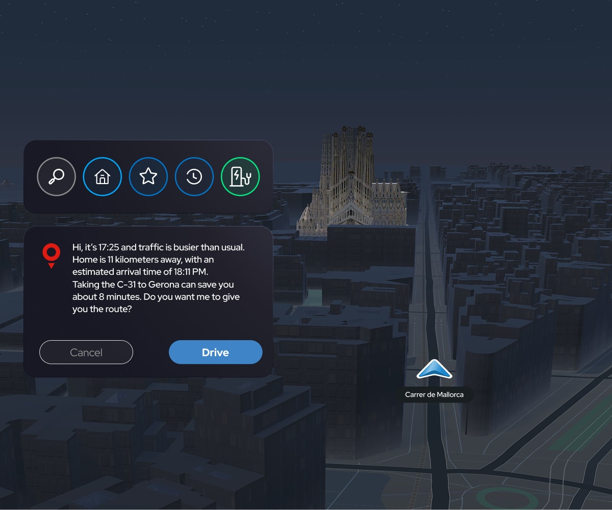 A digital map interface showing a route suggestion at night, with a message about traffic and estimated arrival time.