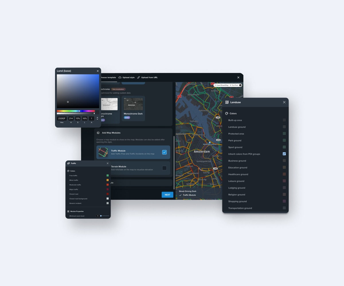 User interface showing a mapping application with color settings, map customization options, and a detailed map view with various layers.