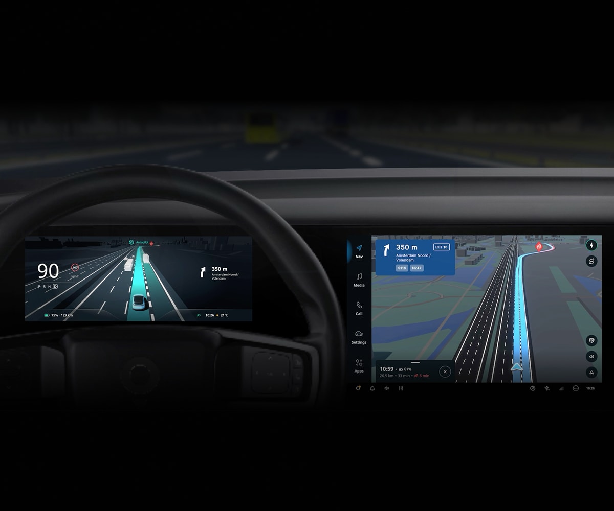 Car dashboard showing digital displays with navigation maps, speedometer at 90 km/h, and driving assistance features on a dark background.
