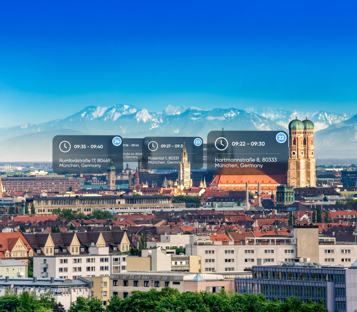 A panoramic view of Munich with a backdrop of mountains.