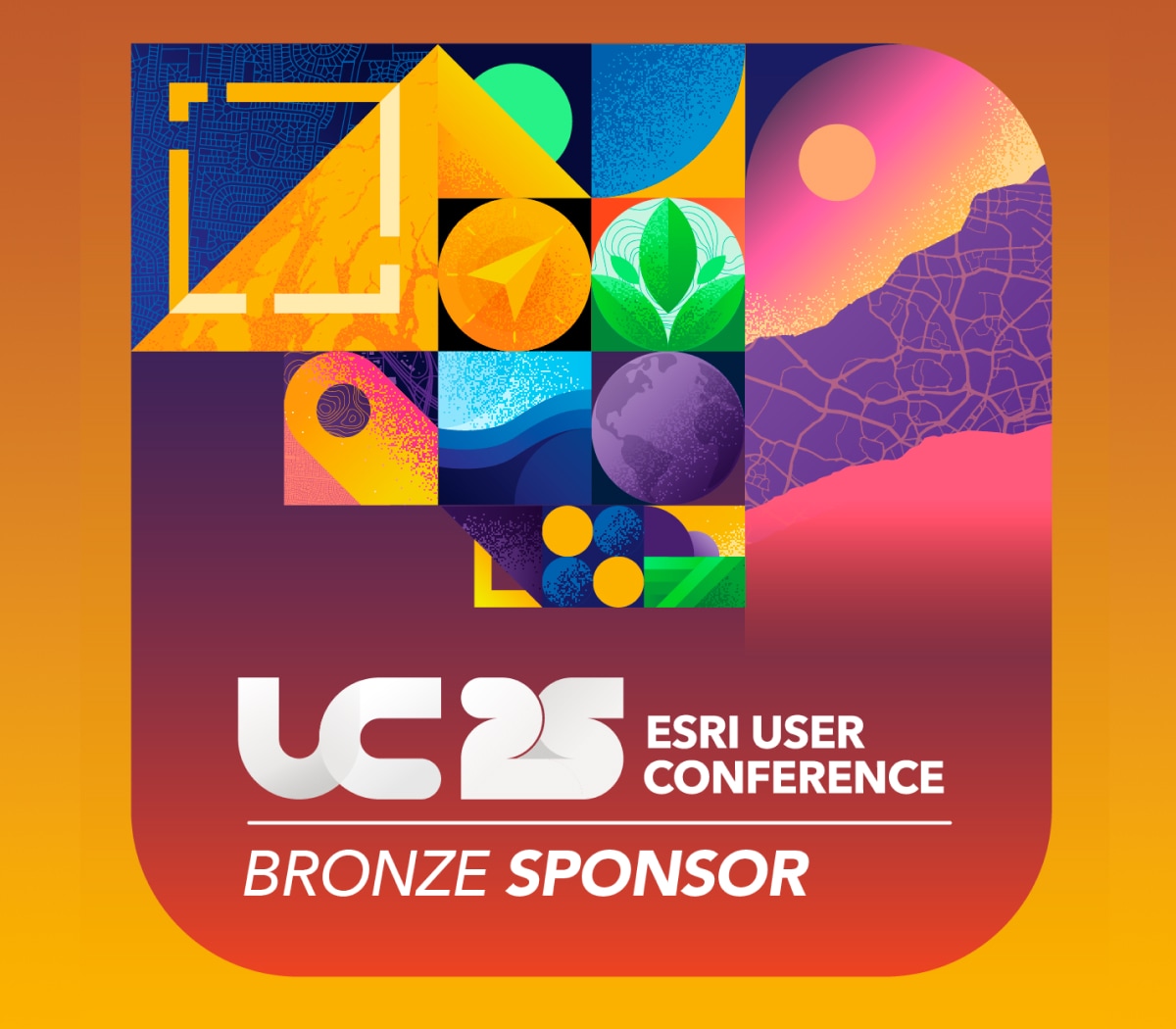 Colorful graphic featuring various geometric shapes and patterns, with the text "UC 25 ESRI User Conference" and "Bronze Sponsor" prominently displayed at the bottom.