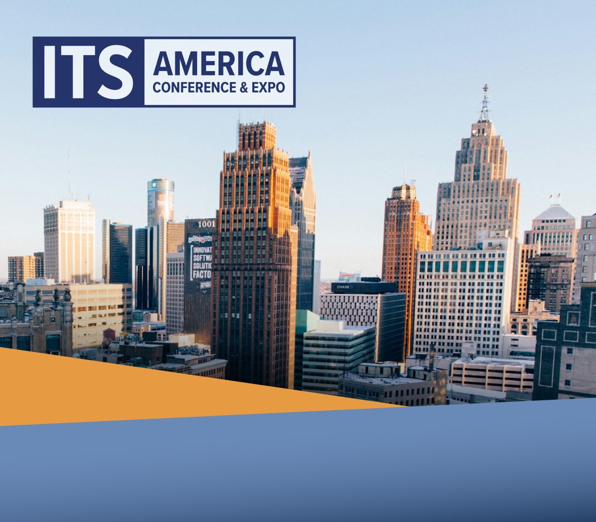 City skyline with tall buildings, partial blue and orange overlay, and "ITS America Conference & Expo" logo in the top corner