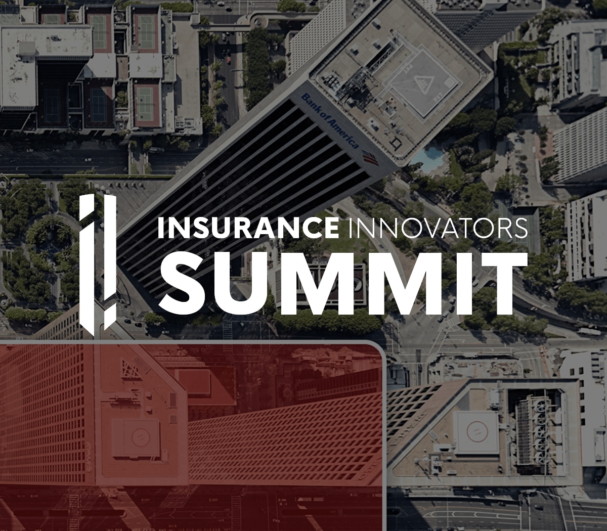 Aerial view of a cityscape with "Insurance Innovators Summit" text overlay in bold white letters on a red background.