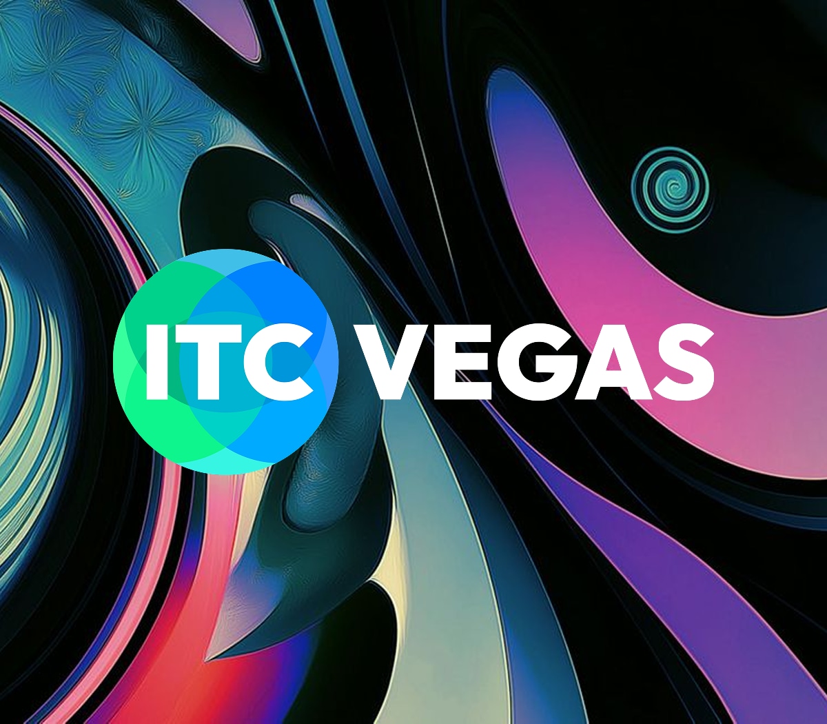 Abstract design with swirling pink and purple shapes on a dark background, featuring a circular ITC Vegas logo in blue and green.