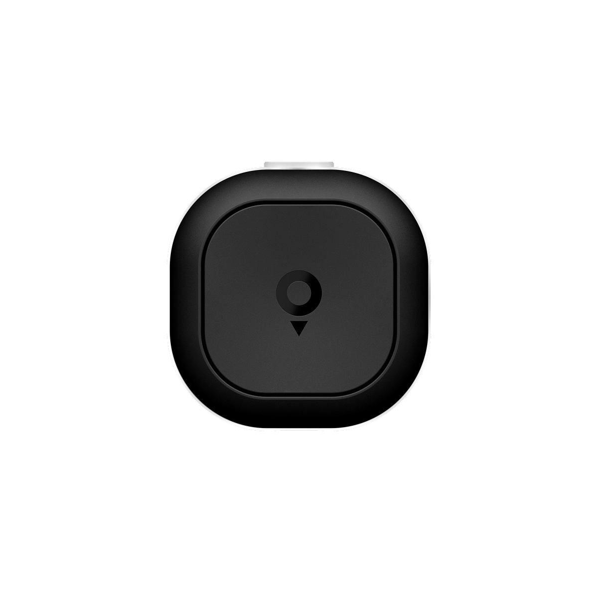 Tom by TomTom device with rounded edges, featuring a central circular button and a small arrow below it on a white background.