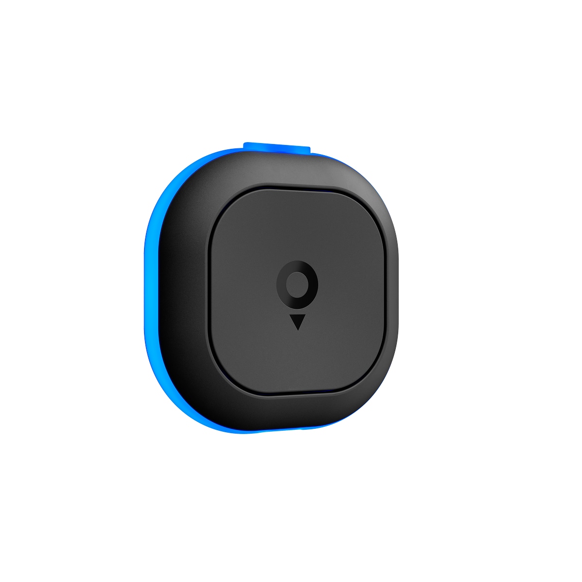 Tom by TomTom device with a blue edge and a central button, viewed from an angle against a white background.