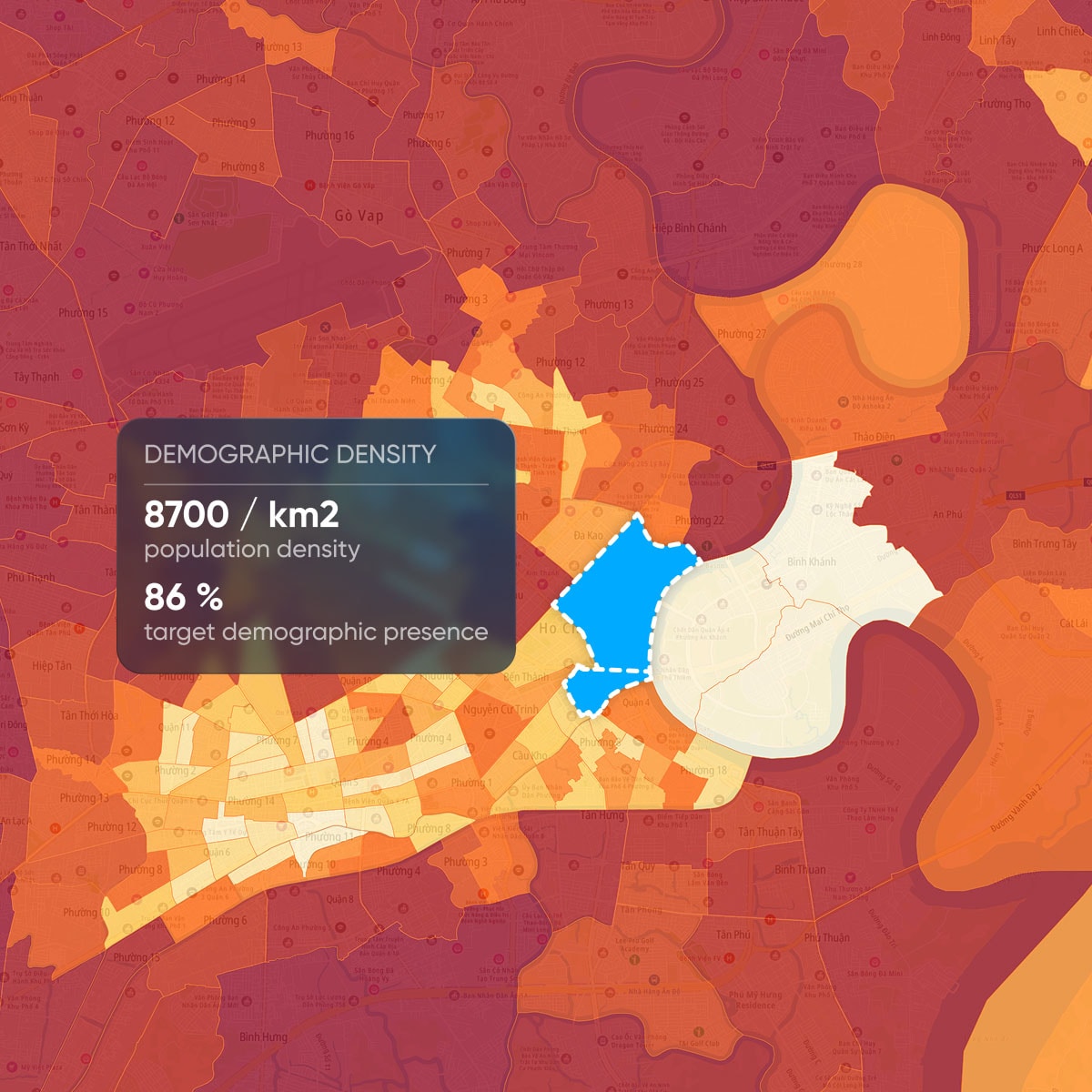Map showing demographic density with various color-coded regions. A highlighted area indicates 8700/km² population density and 86% target demographic.
