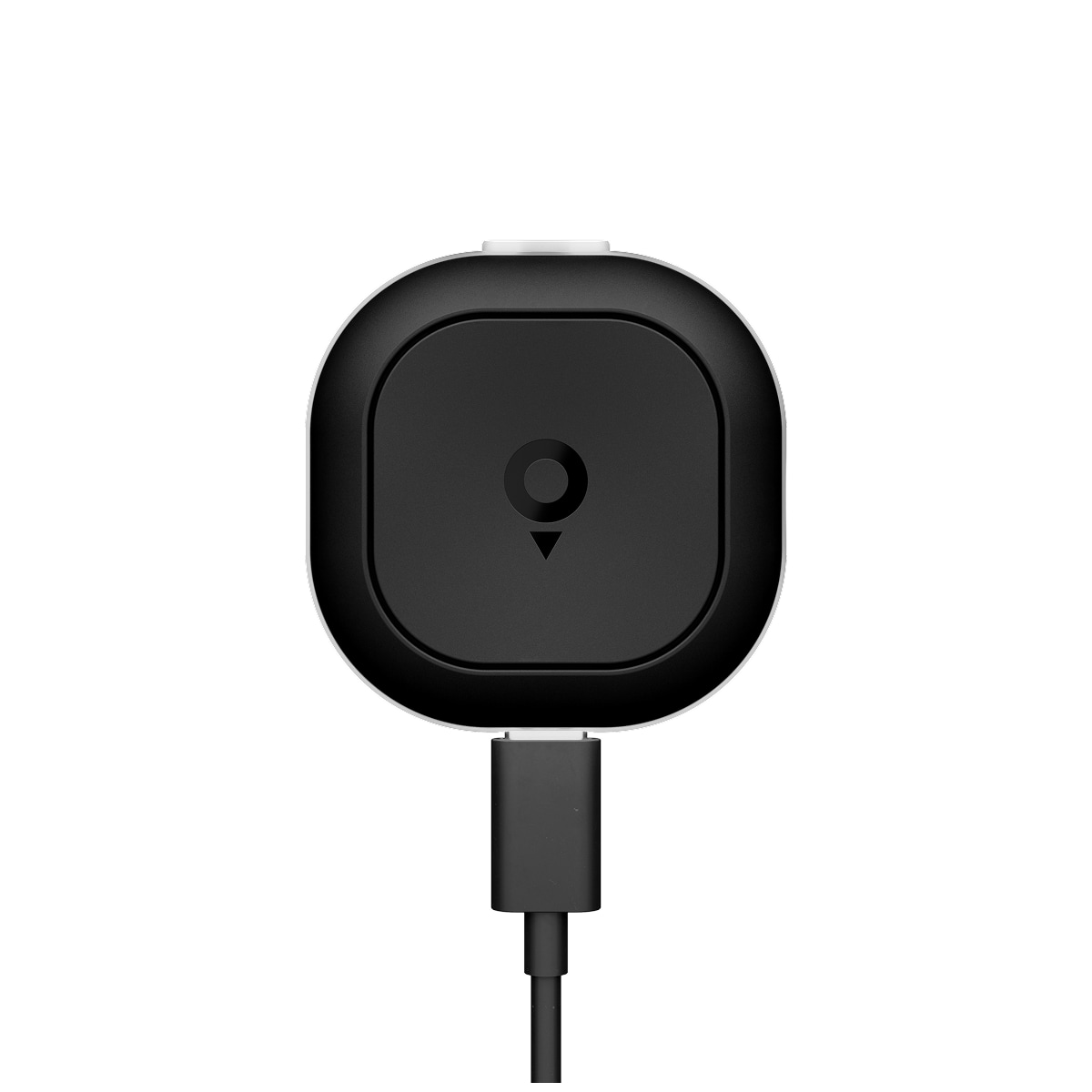 Tom by TomTom device with rounded edges, featuring a central circular design and a downward arrow, connected by a cable below.