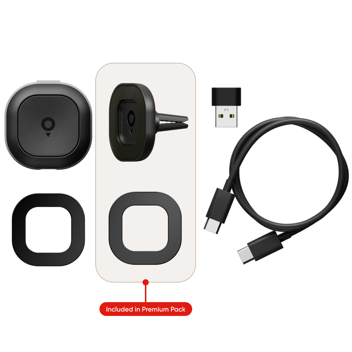 Premium pack contents: wireless charger, car mount, USB-C cable, USB adapter, and magnetic frames.