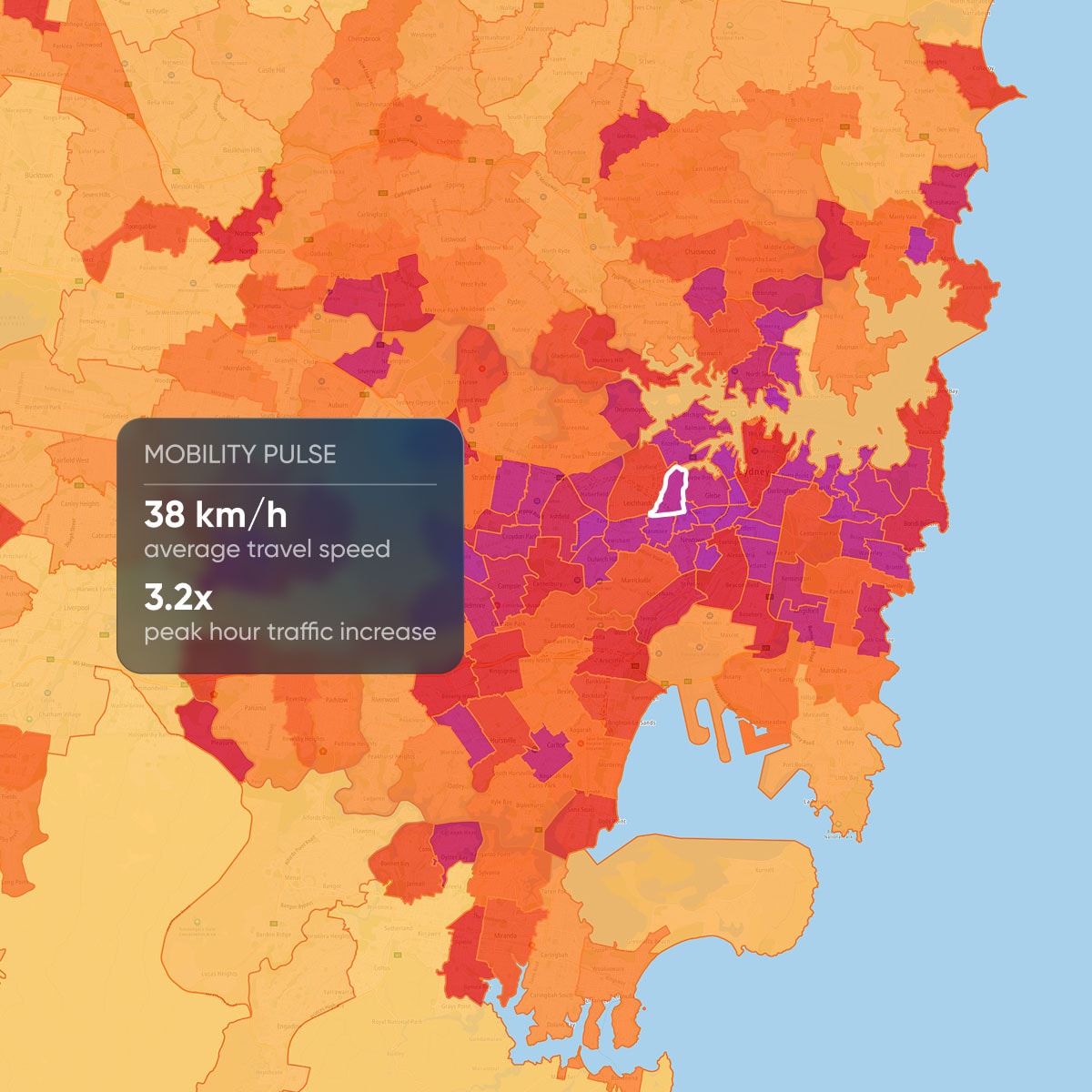 Map showing travel speed and traffic increase in a city. Colors indicate varying conditions. Average speed: 38 km/h, peak increase: 3.2x.