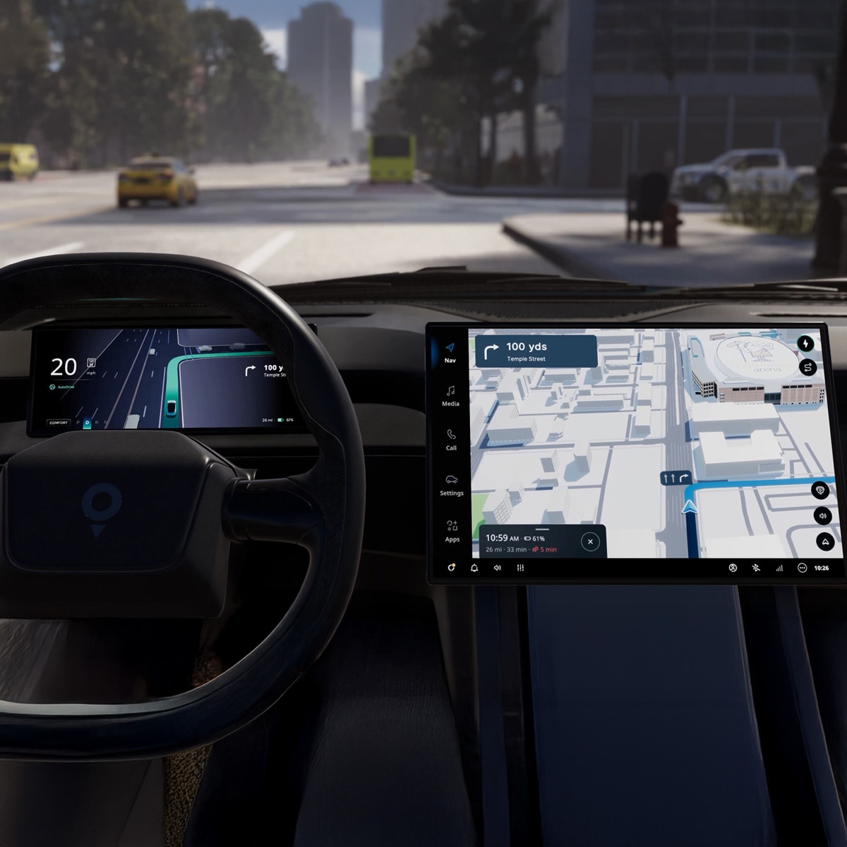Car interior with digital dashboard and navigation screen showing a 3D map. Steering wheel on the left, city street visible through windshield.