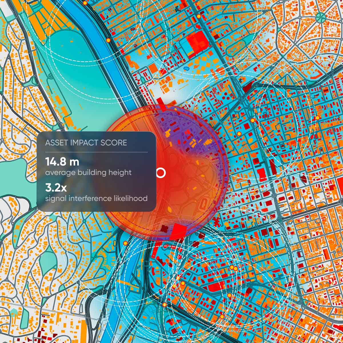 Colorful city map with highlighted area showing asset impact score: 14.8m average building height, 3.2x signal interference likelihood.