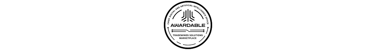 Circular logo with "Awardable," "Chief Data and Artificial Intelligence Office," and "Tradewinds Solutions Marketplace" text, featuring geometric lines.