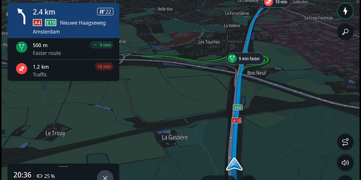 Navigation map showing a route to Amsterdam via A4 and E19, with a faster alternative suggested, avoiding 10 minutes of traffic.