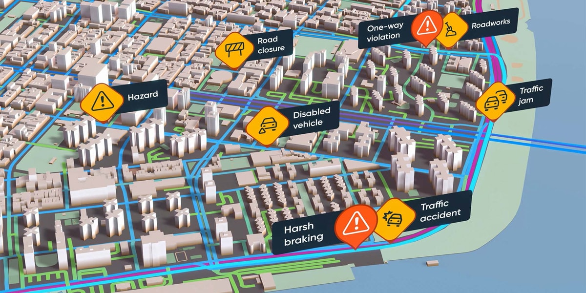 3D city map showing traffic events: road closure, one-way violation, roadworks, hazard, disabled vehicle, harsh braking, traffic jam, and accident.