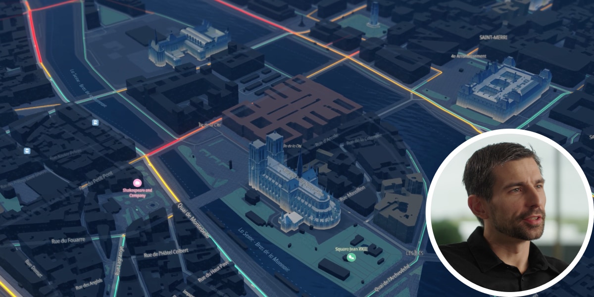 3D city map with highlighted streets and buildings, inset with a headshot of the main speaker