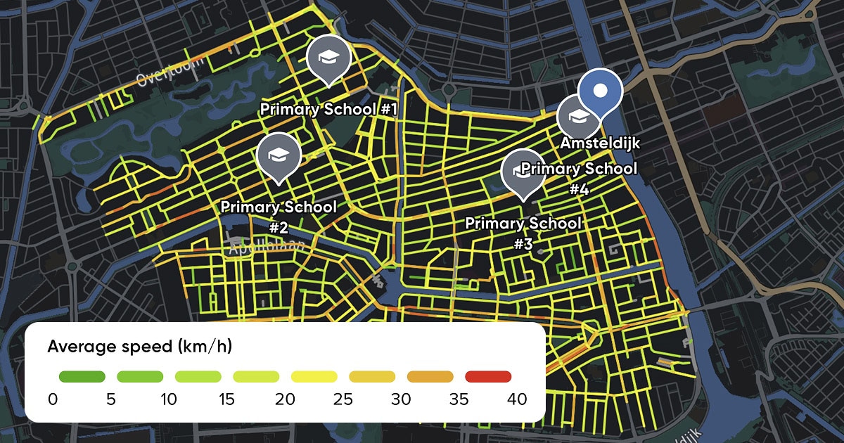 Dark city map showing streets color-coded by average speed (green→red) with pins for four primary schools and an Amsteldijk marker.