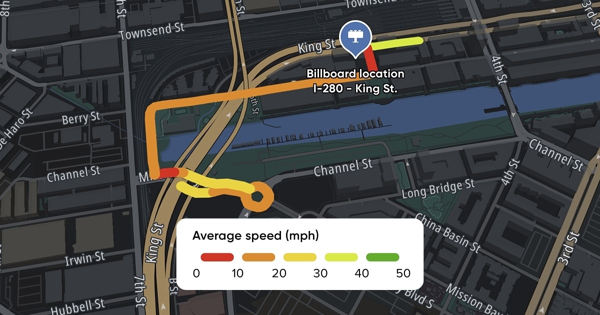 Night-style map of I-280/King St and Channel St showing a color-coded route (red→green) for average speeds and a "Billboard location" pin.