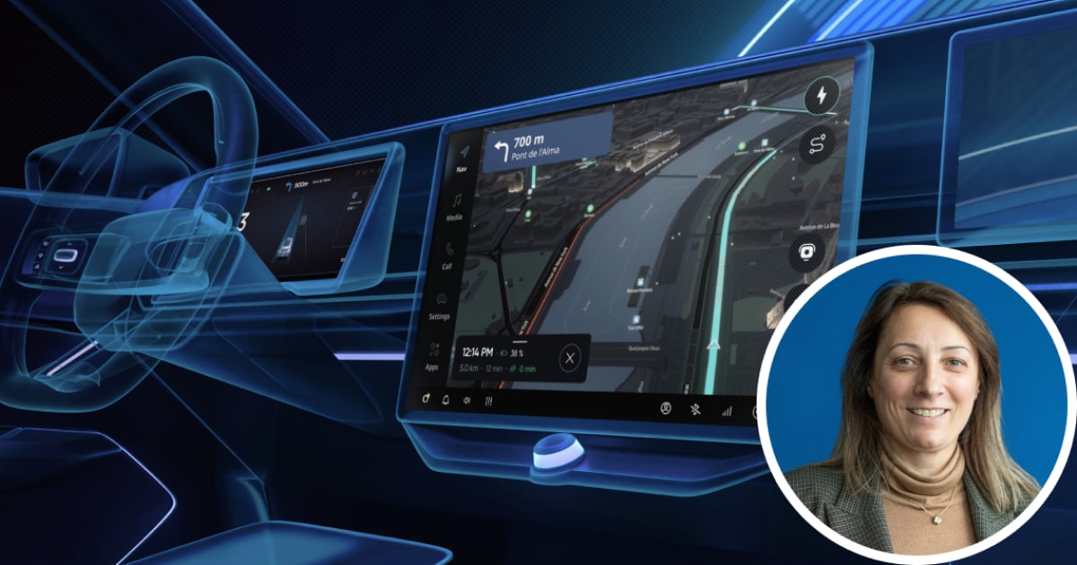 Futuristic car dashboard with digital navigation display; inset photo of a smiling person in a circular frame on the right.