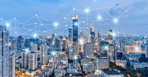 Smart city skyline, showing skyscrapers and connected data