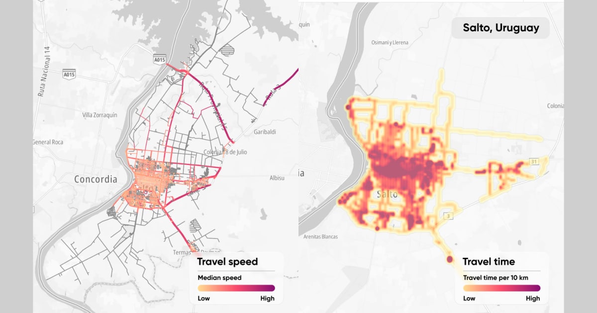 A heat map showing travel speeds and times in Salto, Uruguay, where traffic slowed down the most in 2025 as compared to the year before