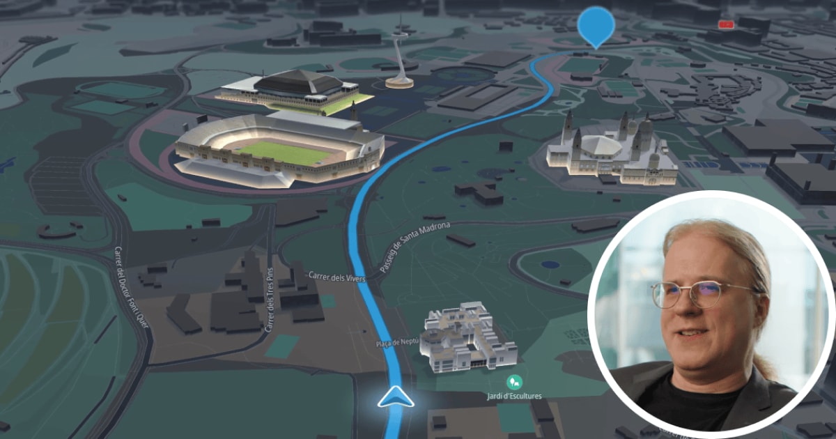 3D map with highlighted route, stadiums, and buildings; inset shows a person with glasses smiling.