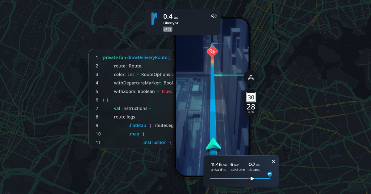 A digital map interface showing a navigation route, coding snippets, and travel statistics like speed and estimated arrival time.