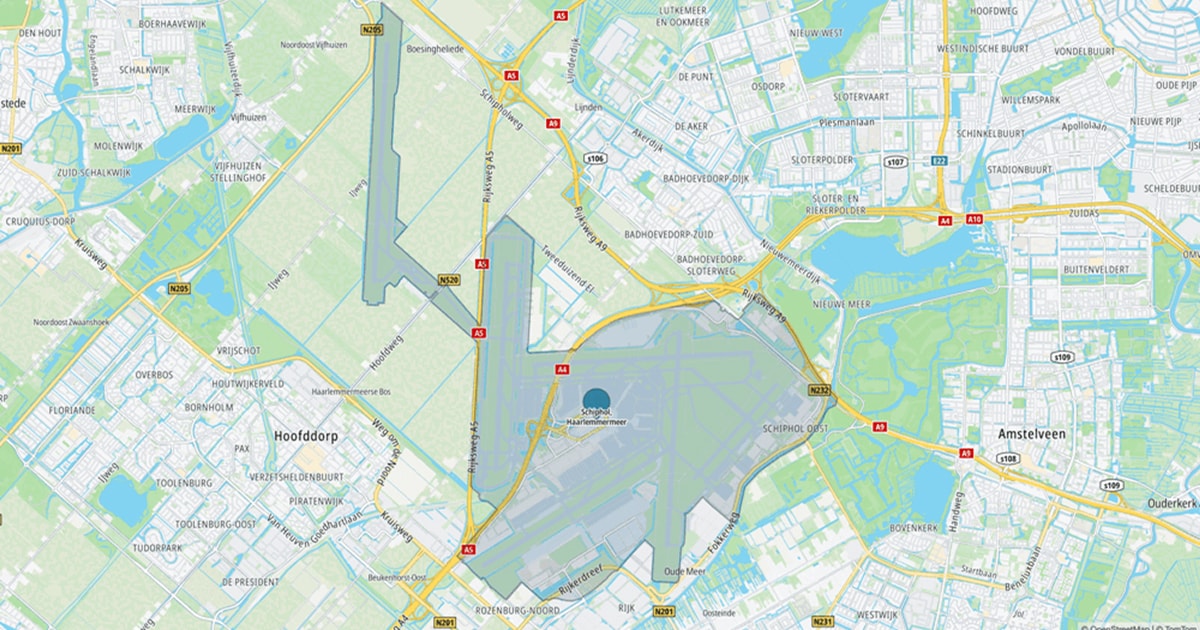 Map showing Schiphol airport, roadways, and surrounding areas like Hoofddorp and Amstelveen in the Netherlands.