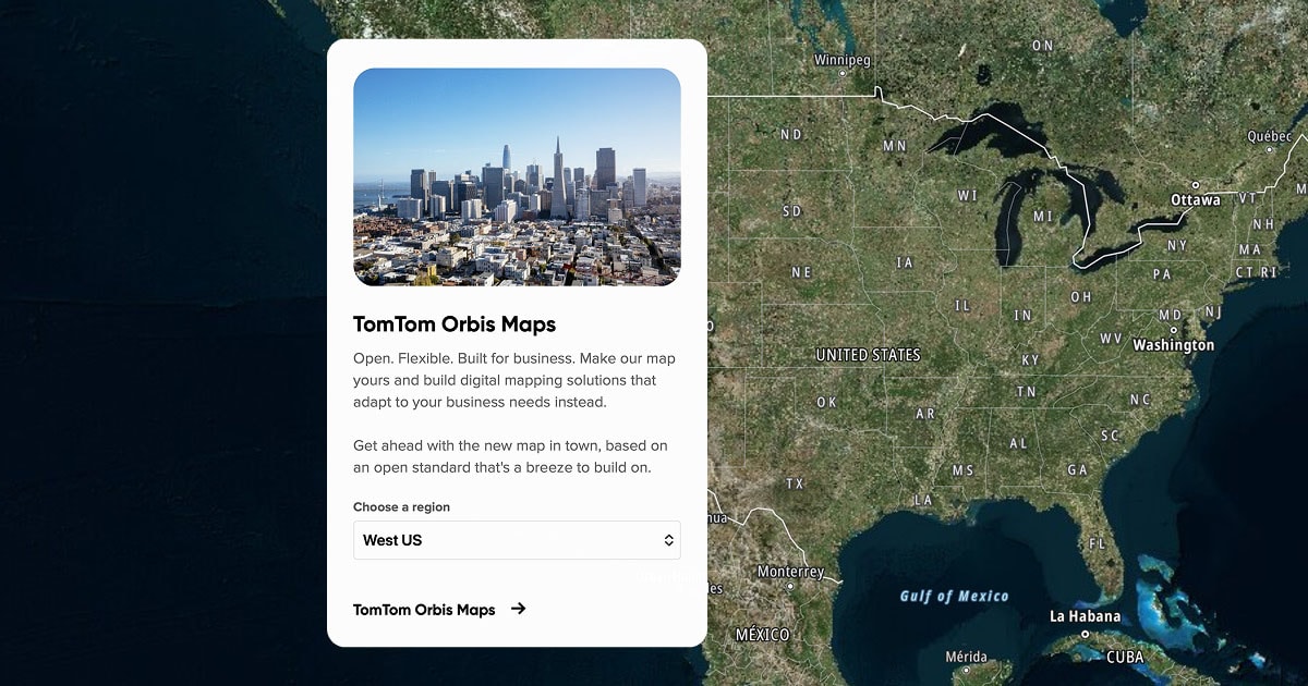 Map of the eastern US and Canada with an inset showing a cityscape. Text promotes TomTom Orbis Maps and offers region selection.