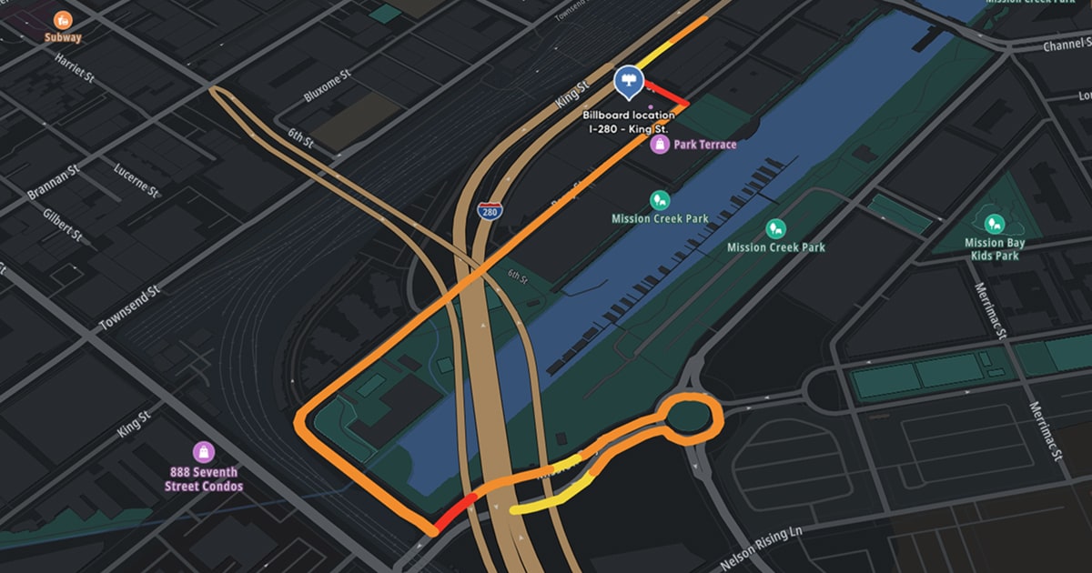 A dark-themed city map highlighting I-280 and King Street, showing nearby parks, roads, and a marked billboard location.