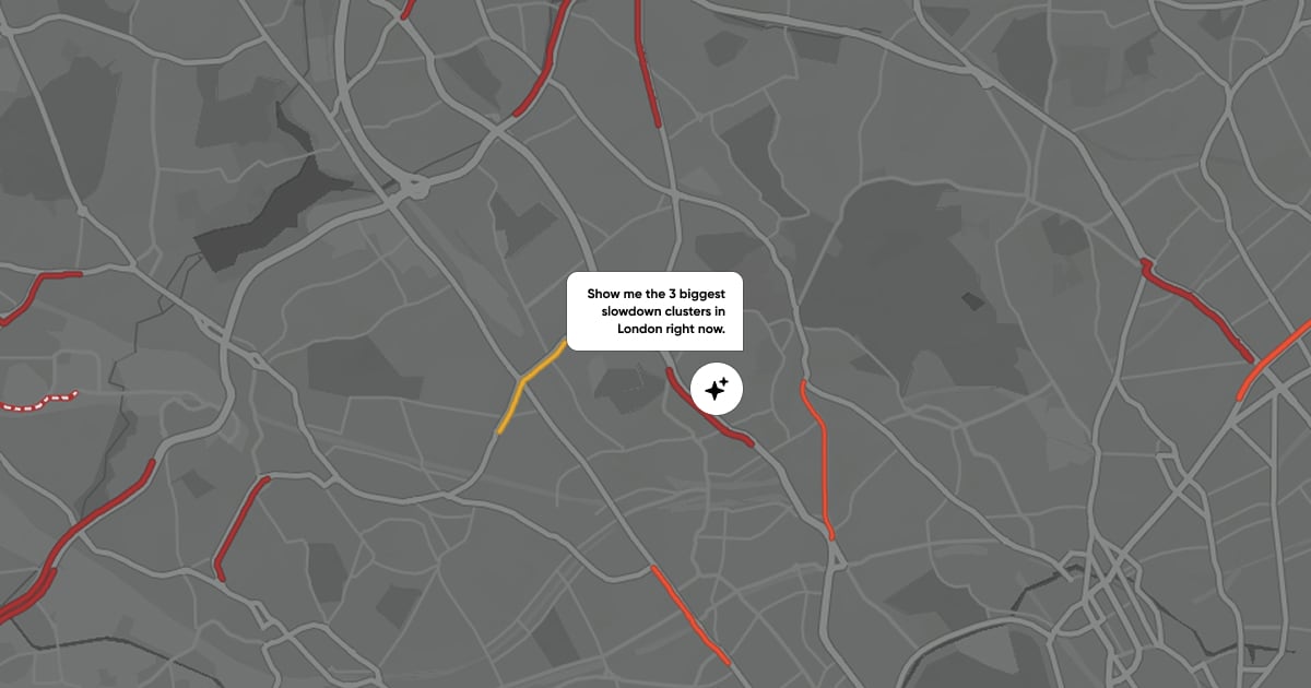 A grey map of London highlighting road traffic slowdowns in red and yellow with a prompt bubble for the three biggest slowdown clusters.