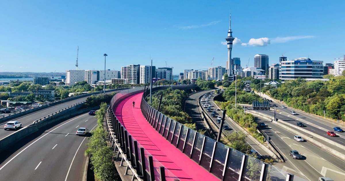 A vibrant pink pedestrian and cyclist path winding above the roadways, with a view of Auckland's skyline and the Sky Tower in the background.