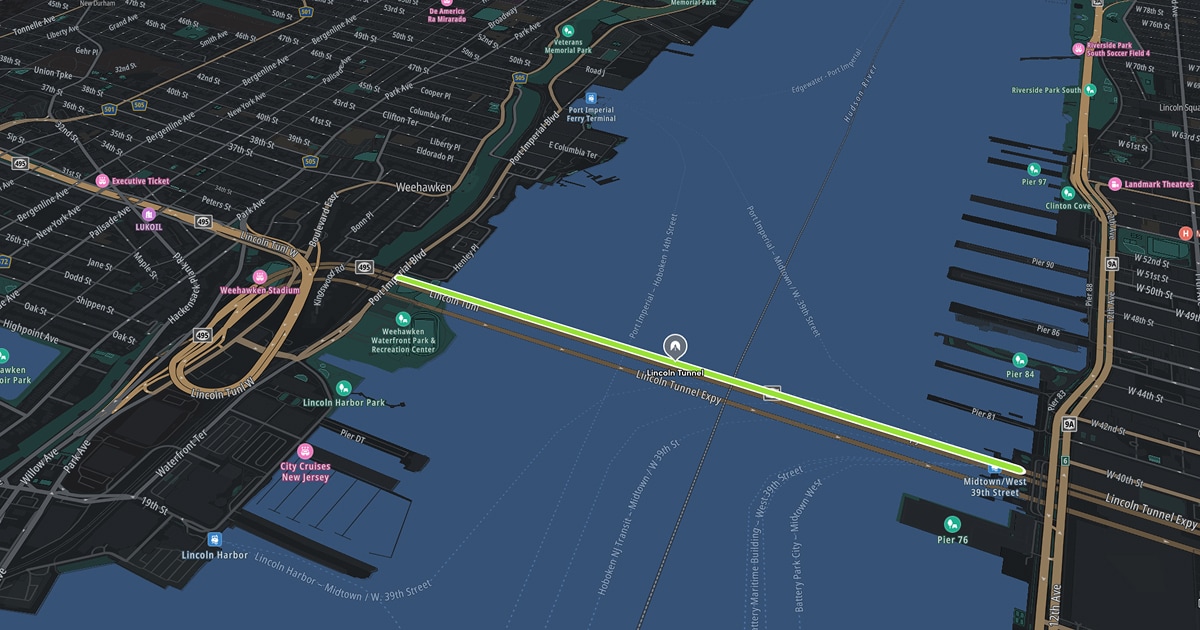 Map showing the Lincoln Tunnel from Weehawken, New Jersey, to Midtown Manhattan, New York, with roads and piers labeled.