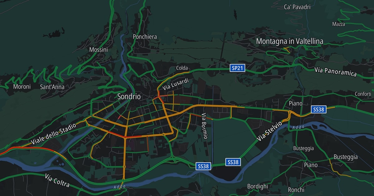 Map of Sondrio, Italy, showing roads, rivers, and the surrounding area. Key roads include Via Bormio, SP21, and SS38.