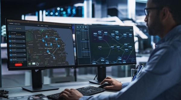 An operative sat at a desk planning routes for a fleet
