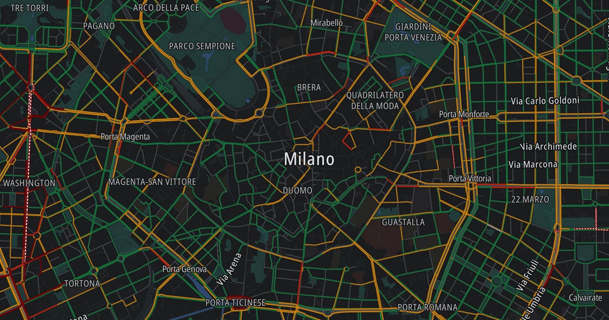 A detailed city map of Milan with highlighted streets, neighborhoods, and landmarks in various colors, including Parco Sempione and Duomo.