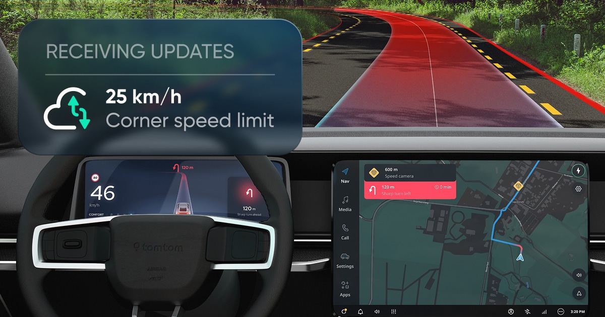 Car dashboard showing navigation and speed data, with a virtual road overlay indicating a 25 km/h corner speed limit update.