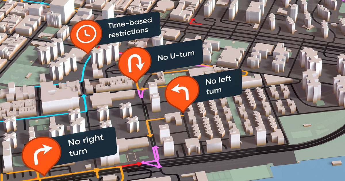 3D city map showing traffic restrictions: no U-turn, no left turn, no right turn, and time-based restrictions indicated with icons.