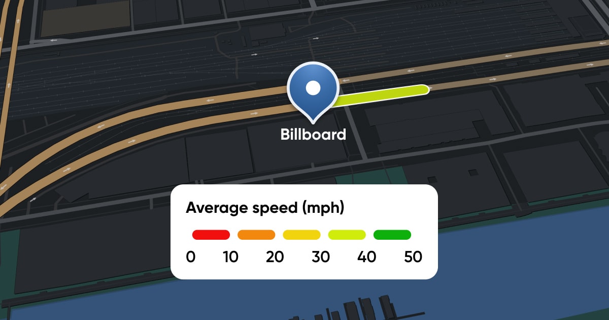 Map showing a location marked "Billboard" with a speed indicator ranging from red (0 mph) to green (50 mph) below it.