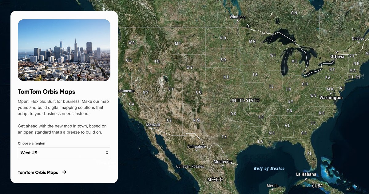 Satellite map of the United States with state labels; left-side TomTom Orbis Maps info card showing San Francisco skyline and region selector.